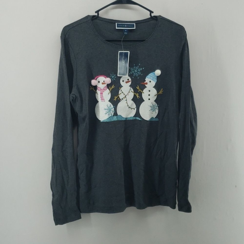 Karen Scott Snowman Trio Long Sleeve Top Charcoal Medium Holiday (AM)